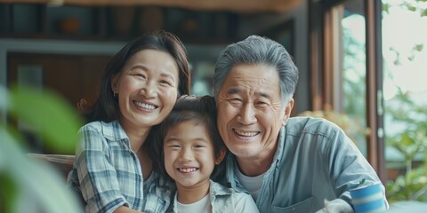 An Asian family with a young child shares a joyful moment, smiling and embracing each other in a cozy home environment