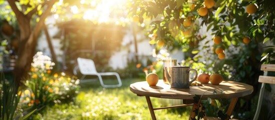An unoccupied table in a sunny summer garden, intended for product display, with emphasis on the tabletop in the front. - obrazy, fototapety, plakaty