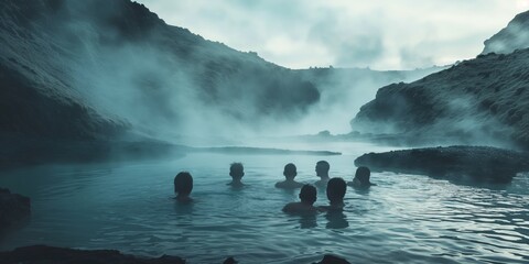 Individuals immersed in a naturally heated geothermal spa surrounded by a mystical landscape of fog and rocky terrain - obrazy, fototapety, plakaty