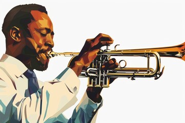 illustration of a jazz musician playing the trumpet - obrazy, fototapety, plakaty