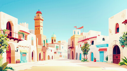 Colorful stylized animation of a sunny Mediterranean village street with buildings, a lighthouse, and foliage under a clear sky.