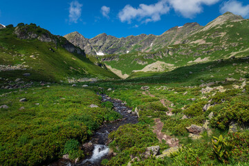 Fototapeta na wymiar The valley of the Malaya Dukka River on the slopes of the Arkasar ridge in the North Caucasus and the tourist trail to the Dukka Lakes on a sunny summer day, Arkhyz, Karachay-Cherkessia, Russia