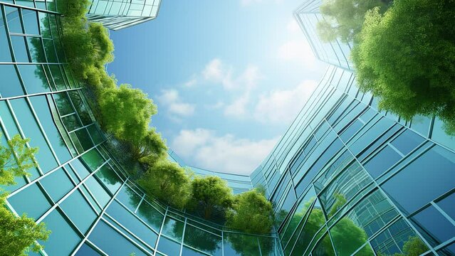 Office building with glass round green plant environment in modern city, background with view of trees and sky