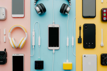 Delve into the world of gadgets and devices with this image displaying different mobile phones and accessories such as headphones and cables, exemplifying innovation and connectivity. AI generative. - Powered by Adobe