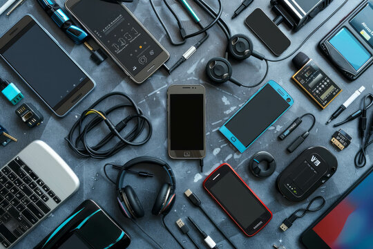 Experience the convenience of mobile technology with a variety of phones and accessories like headphones and cables, offering versatility and connectivity on the go. AI generative.