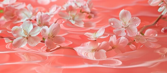 Fresh quince blossoms, lovely pink flowers gently floating in the pink background. The image depicts a sense of weightlessness, capturing the essence of spring flowers in high resolution. - obrazy, fototapety, plakaty