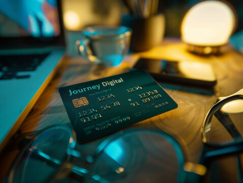 Delve into the world of digital commerce with this image of a credit card, emphasizing the identity "Journey Digital Ltd" and the number "1234 5678 9100 0000" on an office desk. AI generative.
