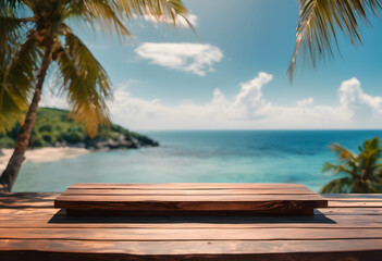 Wooden table overlooking a tropical beach with palm trees and clear blue water.