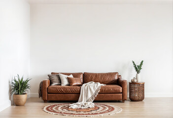 Minimalist White Living Room with Orange Leather Sofa
