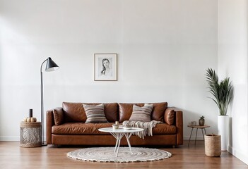 Fototapeta premium Minimalist White Living Room with Orange Leather Sofa