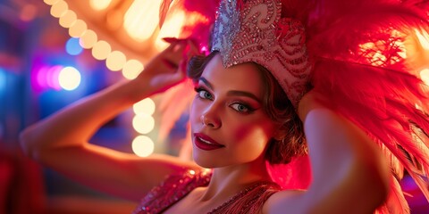 A flamboyant carnival dancer adorned in an extravagant red feather costume poses in a vibrant nighttime parade setting - obrazy, fototapety, plakaty