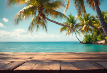 Wooden deck overlooking a tropical beach with palm trees and clear blue sea.
