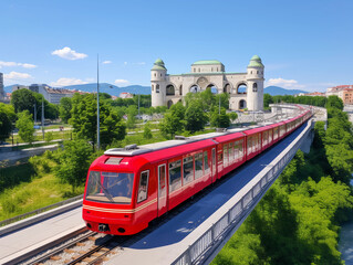 Naklejka premium A red train on a bridge in Ljub Vernon, with an electric fortress building and green park in the background