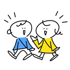 仲良く話しながら歩く2人　線画イラスト