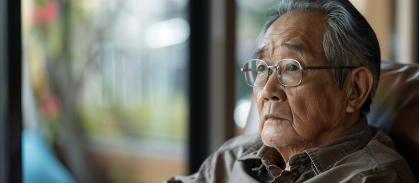 An elderly Asian gentleman is peacefully seated in a chair, contemplatively gazing out of the window