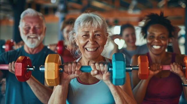 Multiracial group of senior people in sportswear doing strength building fitness exercises with dumbbells, holding fitness tools and smiling at camera, selective focus