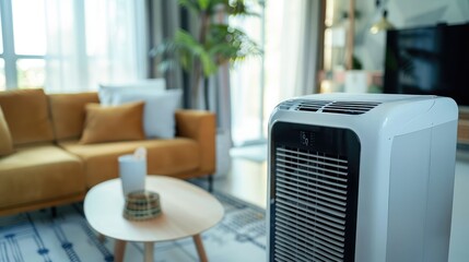 portable air conditioner or mobile air cooler in modern living room - obrazy, fototapety, plakaty