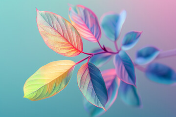 Leaves in Gradient Hues Against a Soft pastel Blue Background, Generative ai