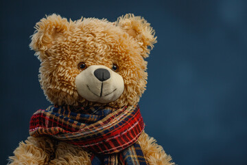 Cute teddy bear, casual dressed, with a big smile in a funny carton style attitude, relax, cool and funky, on a dark blue background with copy space