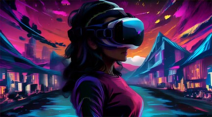 Conceptual art of a woman immersed in a virtual reality world, depicting a futuristic cityscape and cosmic elements.
