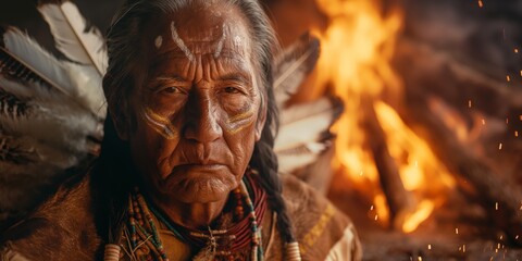 Image depicts a traditional native individual in ceremonial attire by a vivid campfire, with a strong cultural and historical significance