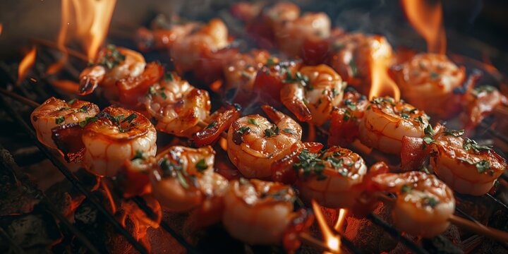 Close-up, mouthwatering image of shrimp skewers seasoned with herbs being grilled over a flaming grill, emphasizing delicious seafood cuisine