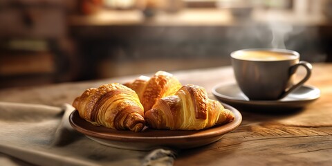 Cozy breakfast scene with fresh golden croissants and steaming coffee cup on wooden table with warm light
