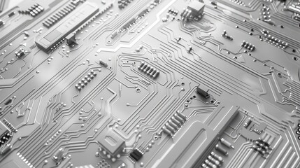White texture background of printed circuit board. Computer technology background. Information tech. Space for text. Gray scale pcb background