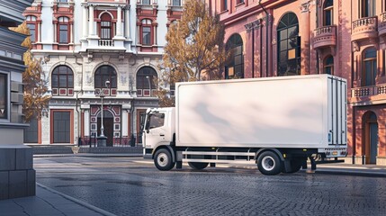 Mock-up of a branded cargo truck on an urban street
