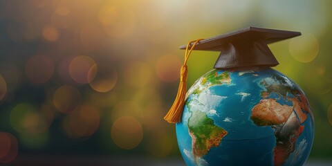 An academic graduate cap sits atop a world globe, implying global education success against a bokeh light background