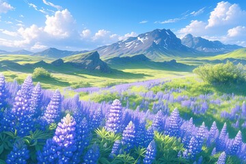 Beautiful flower field in the mountains, path leading to distant peaks, colorful clouds at sunset, misty valley, winding road through green hills, vibrant flowers blooming on grassland, serene landsca