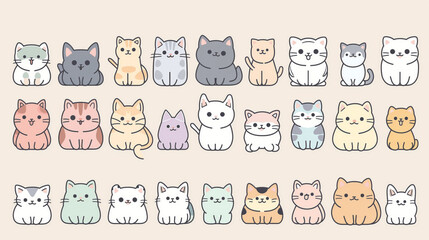 Playful grid of adorable kawaii-style cat illustrations with various colors and expressions