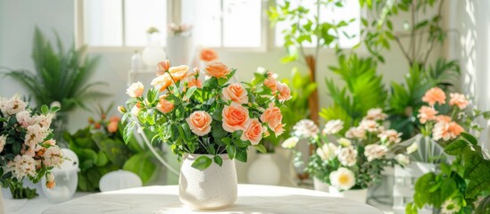 Multiple diverse types of colorful flowers are beautifully arranged in different vases on a wooden table in a bright room