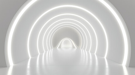 Abstract white background with glowing neon light tunnel, modern futuristic wallpaper for product presentation in the style of high tech. Background for advertising banner and mockup design
