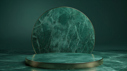Abstract green background with podium for product presentation, green marble texture and golden round plate on the floor, dark wall, empty space for your design, mock up, or banner