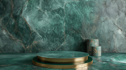 Fototapeta premium Abstract green background with podium for product presentation, green marble texture and golden round plate on the floor, dark wall, empty space for your design, mock up, or banner
