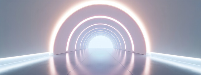 Abstract white tunnel with glowing neon light arch in the background. White empty room interior design in the style of a futuristic technology concept, mock up for product presentation or backdrop