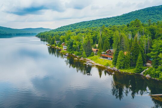 A panoramic aerial vista of a serene lakeside retreat, with tranquil waters, verdant forests, and cozy cabins nestled along the shoreline, Generative AI