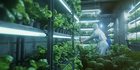 A modern indoor vertical farm with a scientist carefully inspecting the lush green produce under artificial lighting - obrazy, fototapety, plakaty