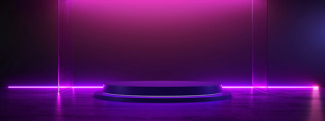 A round podium in front of a purple wall with neon lights, an empty room background for product presentation