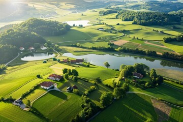 A sweeping aerial vista of a serene countryside, with peaceful meadows, tranquil lakes, and charming farmhouses scattered across the landscape, Generative AI - obrazy, fototapety, plakaty