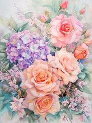 Vibrant floral painting with roses and hydrangeas