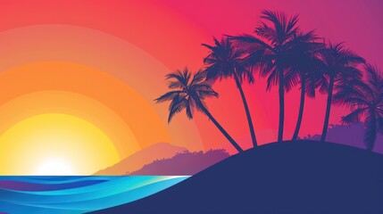 Fototapeta na wymiar Vibrant tropical sunset with palm trees silhouettes