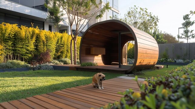 Portrait of a modern mini pet house design outside in lawn or garden with a big space for text or product advertisement, Generative AI.