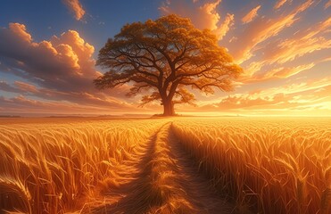 an orange sky with dramatic clouds over the fields, a lone tree in middle distance
