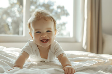Fototapeta premium A portrait of an angelic pure kid in the white outfits with a big smile on a face shot in indoor lights on white background.