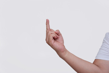 Side view, Close-up image of a man's hand making an offensive middle finger gesture, isolated on a...