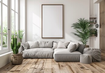 Fototapeta premium Frame mockup, Inviting Living Room Interior with Modern Furniture, high-resolution (300 DPI)
