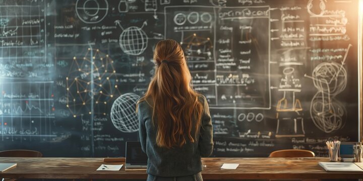 A woman contemplates complex mathematical formulas written on a blackboard in a dark academic setting