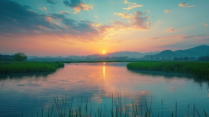 Tranquil sunset over a serene lake landscape - obrazy, fototapety, plakaty